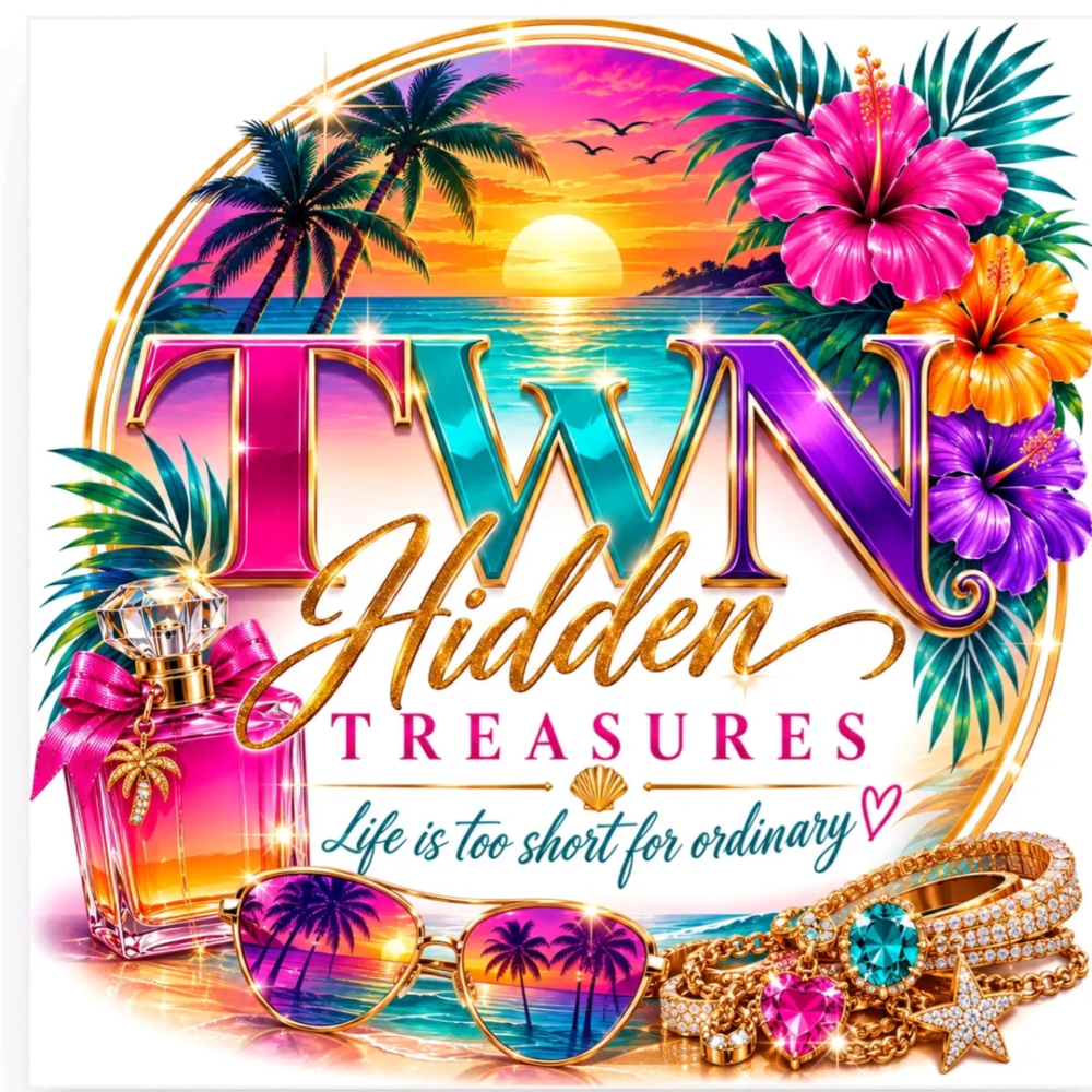Promotional graphic for 'TWN Hidden Treasures' featuring a tropical beach scene with palm trees, a sunset, hibiscus flowers, a perfume bottle, sunglasses, and gold jewelry. The text 'TWN Hidden Treasures' is prominently displayed in stylized colors, with the tagline 'Life is too short for ordinary' at the bottom.